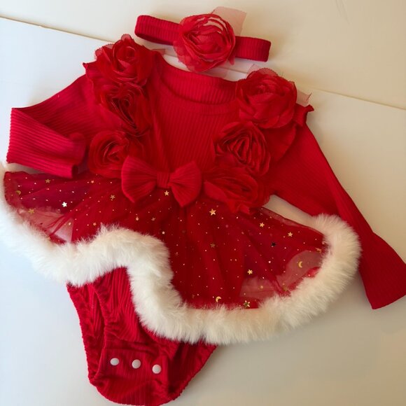 🎄Fancy Baby Girl Christmas Bodysuit with Tutu + Matching Headband - Picture 5 of 11